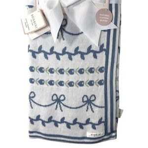 BONBINI New York‎ Cotton Bamboo Baby Blanket Blue Floral Bow Knit 0-6 Months
